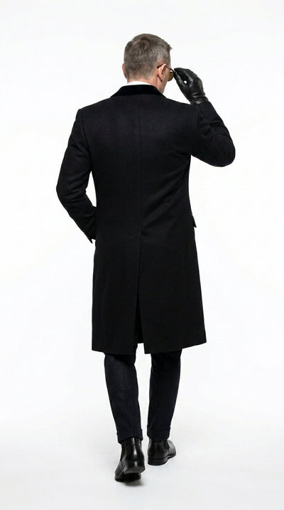 Menβs Black Double Breasted Overcoat, James Bond Inspired Long Formal Coat for Weddings, Business Events, Parties, and Winter Occasions