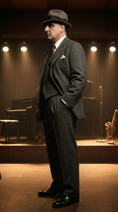 Al Capone Men’s Charcoal Gray Stripe 3-Piece Gangster Style Suit – 1920s Jazz Club Inspired Formal Suit Outfit