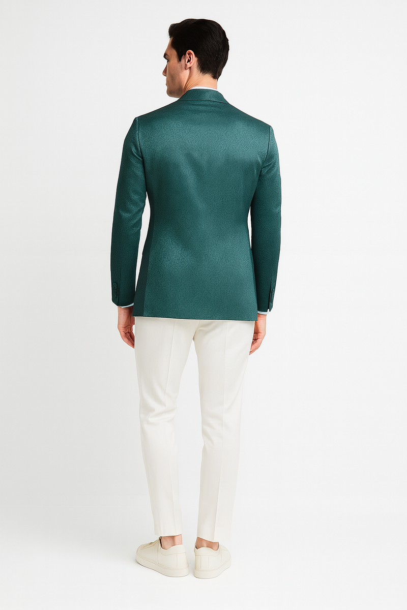 Men’s Teal Green Floral Jacquard Blazer – Slim Fit Tuxedo Jacket for Weddings, Proms, and Parties