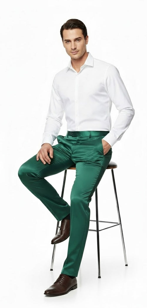 Men's Emerald Green Satin Slim Fit Dress Pants – Shiny Formal Party and Wedding Trousers