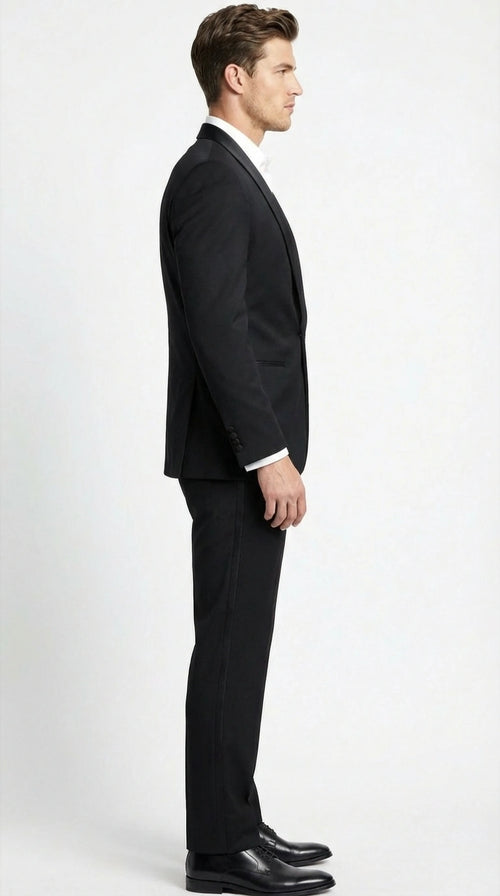 Tiglio Designer Men’s Black Single Button Tuxedo Suit – Formal Black Business and Wedding Suit Shawl Collar Super 150's Wool Fabric