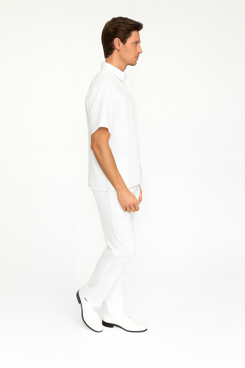 Men’s White Embroidered Guayabera Two-Piece Set - Short Sleeve Shirt and Pants by USA Men's Outlet