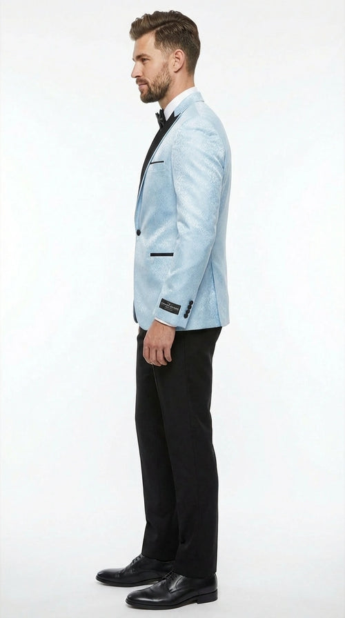 Men’s Baby Blue Tuxedo Blazer with Black Lapel – Formal Dinner Jacket for Wedding, Prom and Evening Events in Sky Light Blue Color
