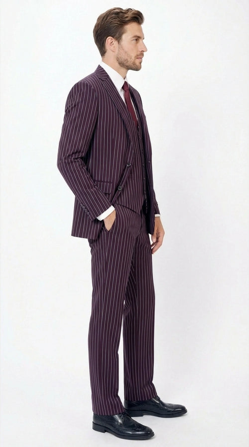 Men’s Plum Eggplant Pinstripe 3 Piece Suit – Burgundy Purple Formal Suit Gangster 1920s Mafia Pimp Suit