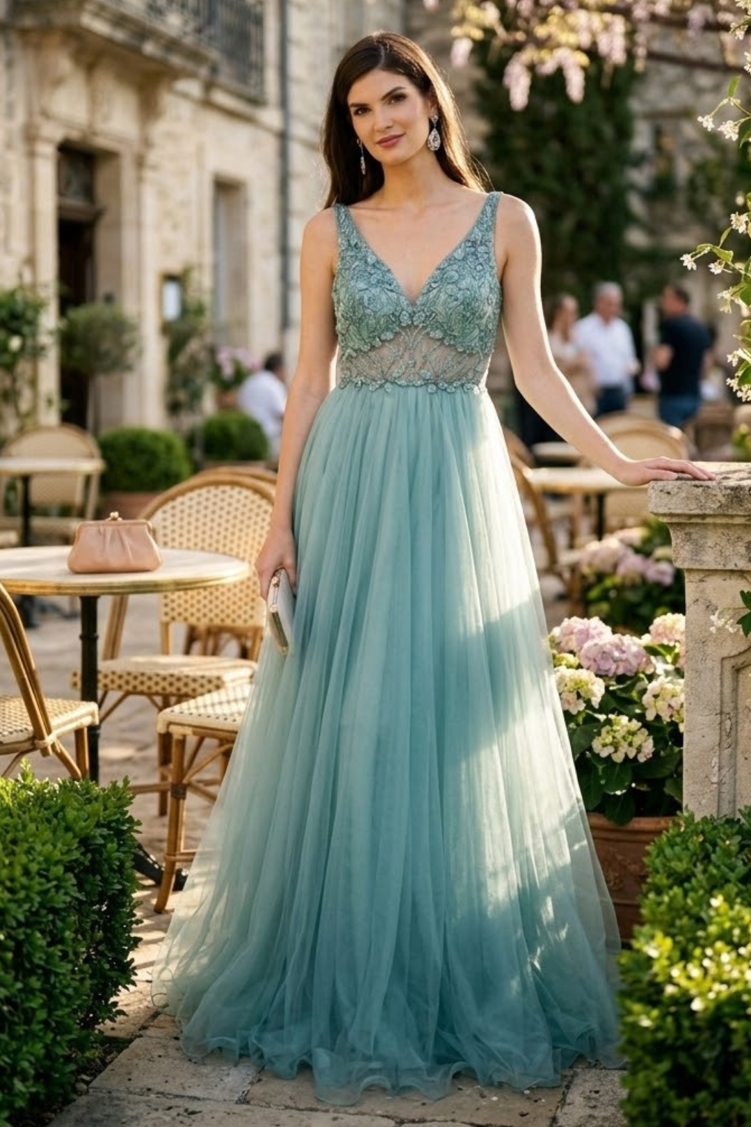 Embroidered A-line Prom Dress Sleeveless V-Neck Evening gown