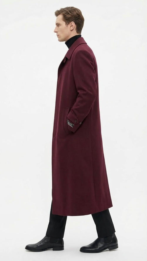 Men’s Full-Length Burgundy Overcoat – Microfiber 4 season fabric Long Formal Coat with Classic Tailored Maxi Duster Coat