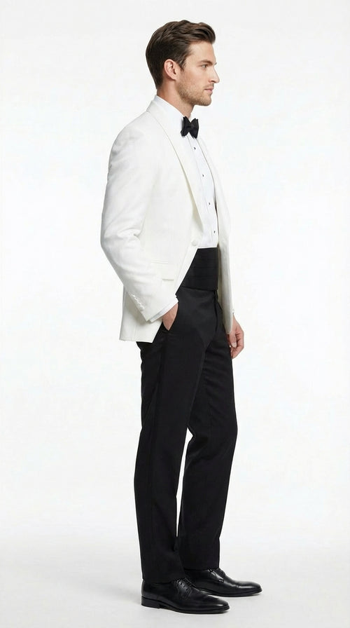 Men's White Dinner Jacket Tuxedo Blazer with Black Satin Shawl Lapel With Black Tuxedo Pants