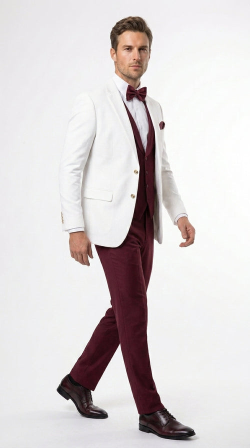 Menās White and Burgundy 3 Piece Tuxedo Suit, Vested Formal Wedding Prom Dinner Suit Set bowtie included