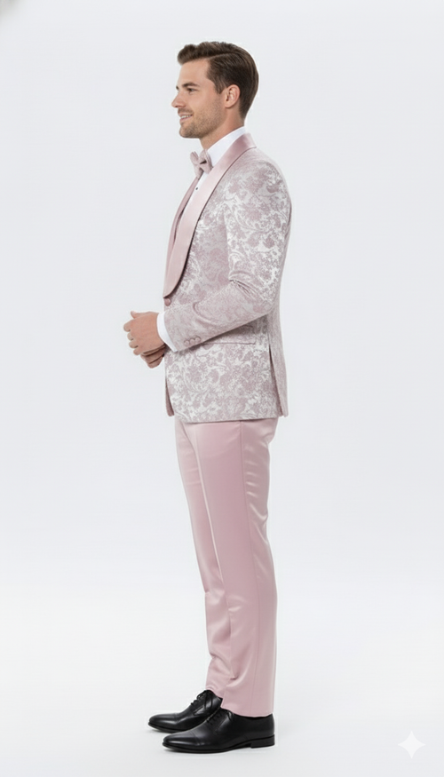 Men’s Light Pink Dusty Rose - Floral Tuxedo Suit - Luxury Satin Shawl Lapel 3-Piece Formal Wedding and Prom Suit in Blush Mauve color USA Men's Outlet