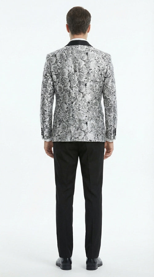 Mens Black and Silver Floral Tuxedo β Luxury Patterned Wedding, Prom and Formal Dinner Tuxedo