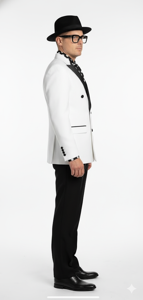 Men’s White and Black Double-Breasted Tuxedo – Modern Slim Fit Formal Suit for Weddings, Parties, and Special Occasions