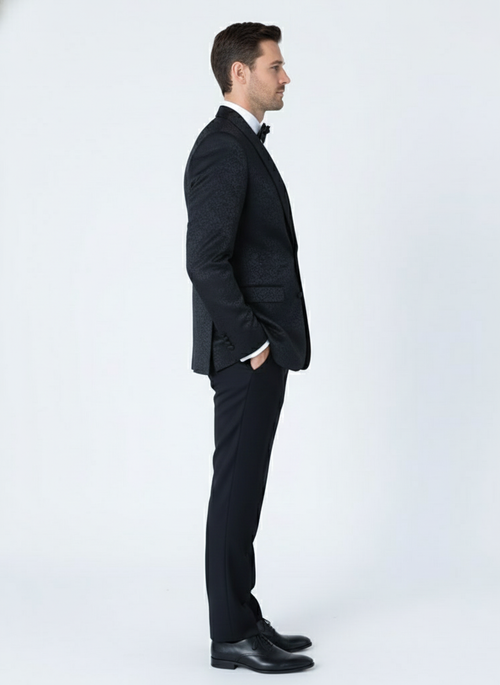 Men’s Black Textured Paisley floral Tuxedo Suit - Premium Slim Fit Formal Wedding, Prom, with Bowtie by USA Men's Outlet