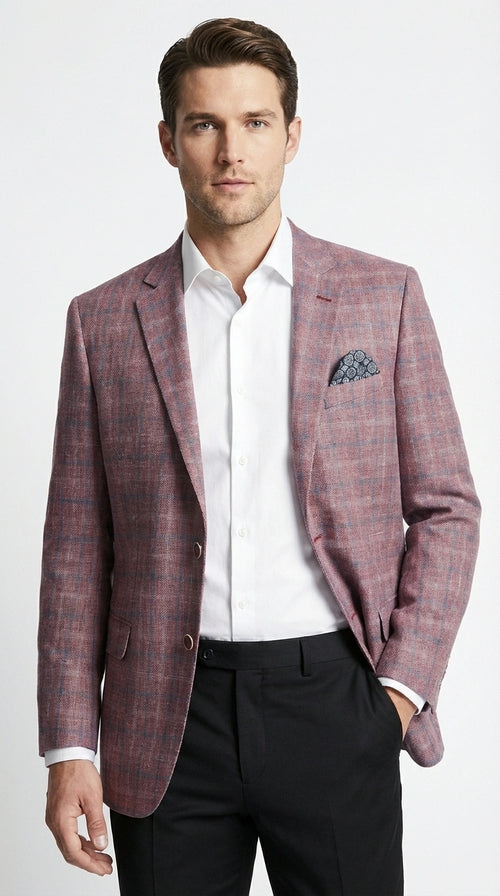 Mens Dusty Rose Mauve Pink with Tint of Blue Plaid Sport Coat Blazer β Classic Check Pattern Casual Blazer Jacket for Business Casual, Wedding