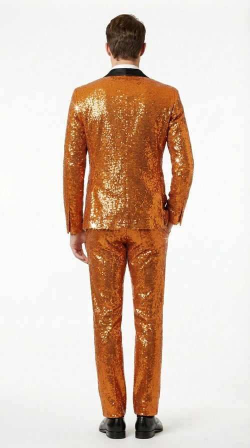 Mens Orange Sequin Tuxedo Suit β Shiny Wedding Suit Set with Black Lapel for Prom, Party, Gala and Formal Evening Wear - Goldish Orange