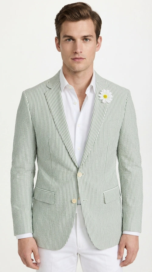 Mens Sage Green Seersucker Blazer – Lightweight Striped Summer Sport Coat Casual Smart Formal Jacket