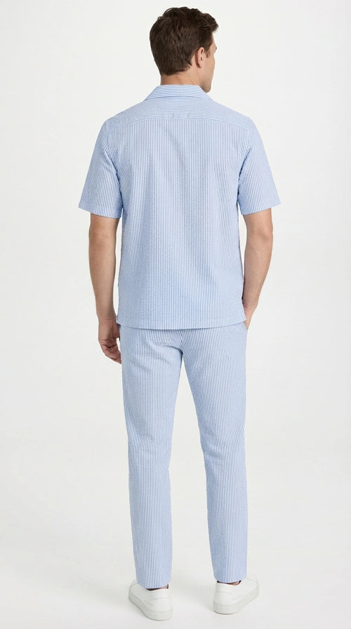 Mens Light Blue Seersucker Walking Suit Set β Casual Summer Short Sleeve Outfit with Matching Pants Lightweight Two Piece Set