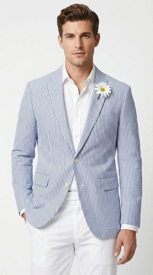 Mens Blue Seersucker Blazer β Lightweight Striped Summer Sport Coat Casual Smart Formal Jacket