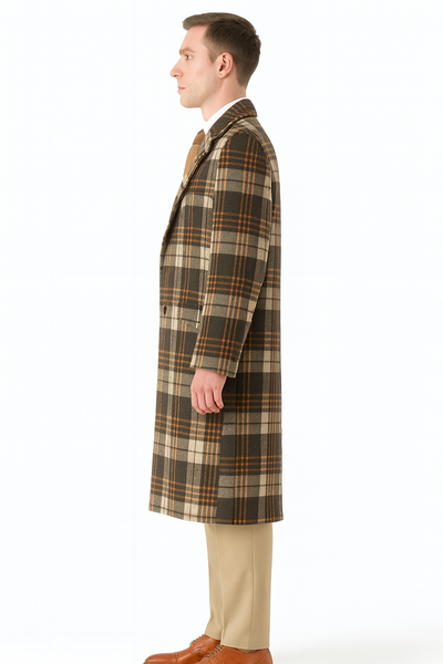 Men’s Vintage Plaid Overcoat Wool Fabric - Classic Retro Long Coat in Brown And Camel and Beige Color USA Men's Outlet