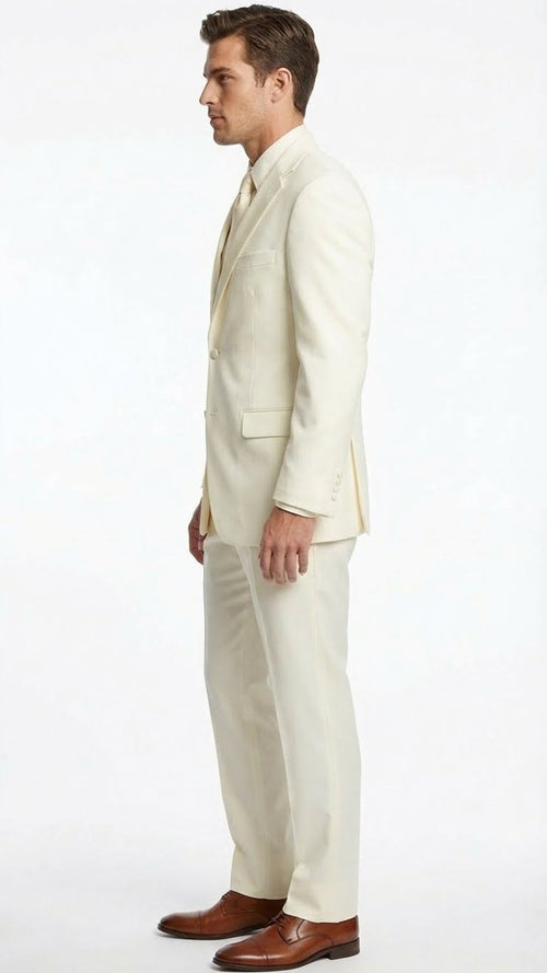 Men’s Ivory Tuxedo Suit with Satin Notch Lapel - Formal Wedding and Evening Wear Suit in Cream Off White Color by USA Men's Outlet