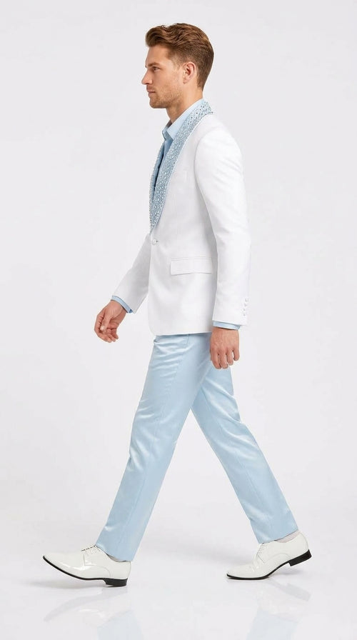 Men’s White & Sky Blue Tuxedo Suit with Embellished Shawl Lapel – Prom & Wedding in light baby poweder blue color