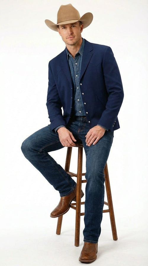 Mens Navy Blue Western Blazer Set β Cowboy Style Jacket and Pants Outfit Classic Country Western Blazer