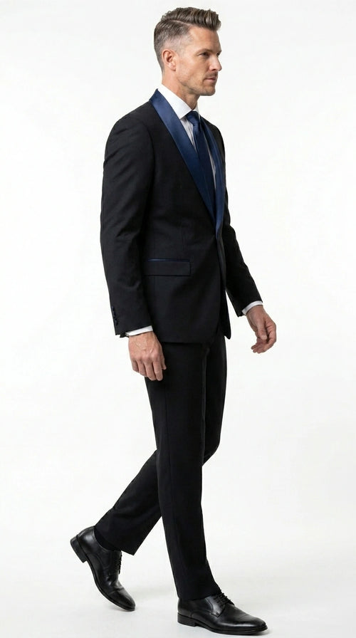 Men’s Black Suit with Navy Blue Lapel – Elegant Formal Tuxedo Style Suit for Wedding, Prom, Party and Evening Wear