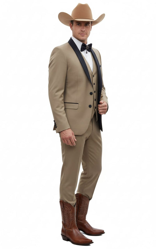 Mens Western Cowboy Suit β 3-Piece Tan Tuxedo with Black Lapel, Vest, and Pants Beige Color