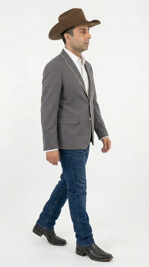 Mens Grey and White Trim Western Blazer β Classic Fit Cowboy Style Contrast Trim Dress Jacket