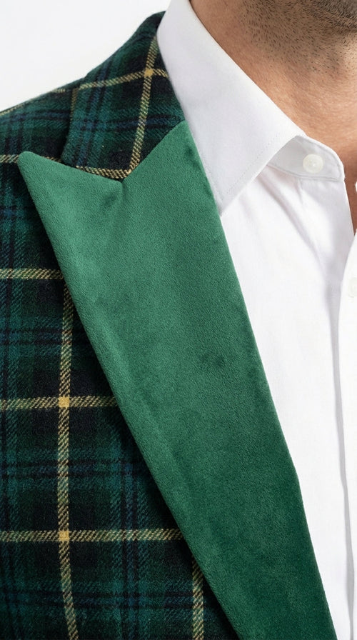 Mens Tartan Green and Gold Check Blazer β Windowpane Plaid Sport Coat Velvet Lapel Plaid Christmas Holiday New Year Jacket