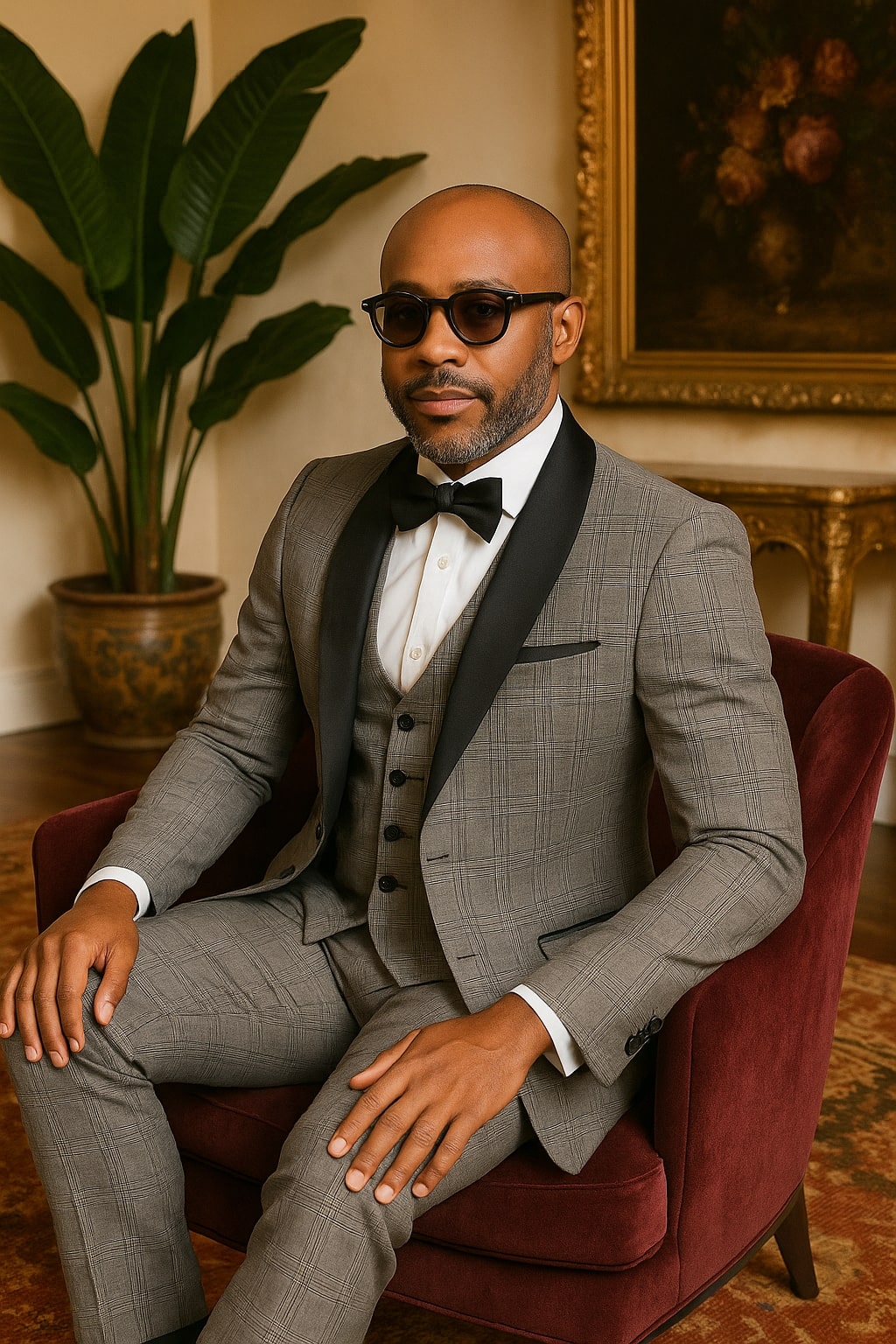 Men's Black Plaid Tuxedo – 3 Piece Suit with Black Velvet Shawl Lapel - Gray Glein Tartan Pattern Wedding Suit