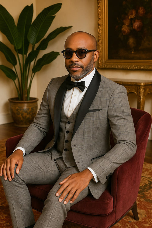 Men's Black Plaid Tuxedo – 3 Piece Suit with Black Velvet Shawl Lapel - Gray Glein Tartan Pattern Wedding Suit