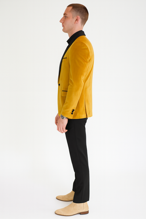 Men’s Mustard Gold Velvet Tuxedo Jacket – Slim Fit Dinner Blazer with Black Satin Shawl Lapel + Free Black Pants & Bowtie