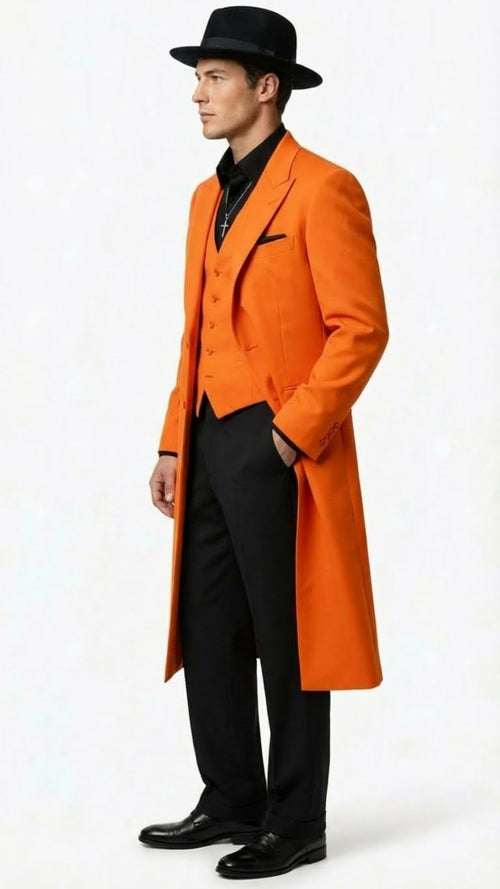 Men’s halloween Costume Orange Long Zoot Suit Set With Black Shirt and Black Pants included by USA Men's Outlet