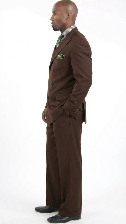 Men’s 6 on 3 Style Brown Double Breasted Suit with Wide Leg Pleated Pants, Classic Formal 2 Piece Dress Suit Set
