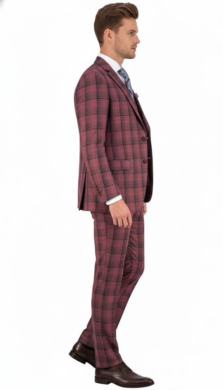 Mens Red Burgundy Plaid 3-Piece Suit – Classic Checkered Modern Fit Suit for Weddings, Church and Formal Events