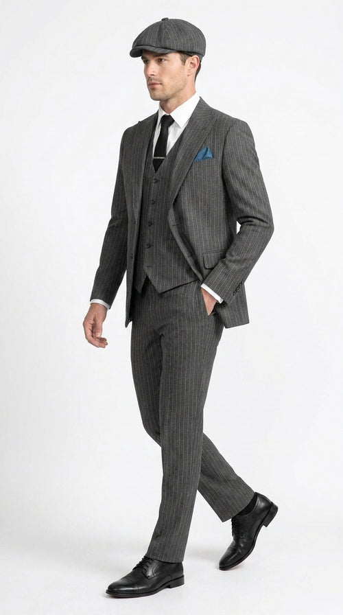 Men’s Thomas Shelby Peaky Blinders Gray Wool Suit Out fit Charcoal Grey Pinstripe 3-Piece Vintage 1920s Suit