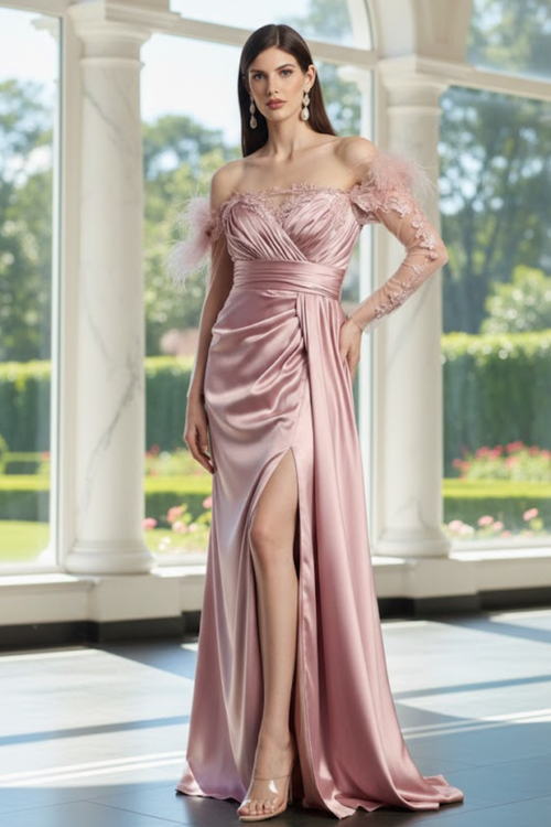 Off The Shoulder Long Sleeve Satin Evening Gown