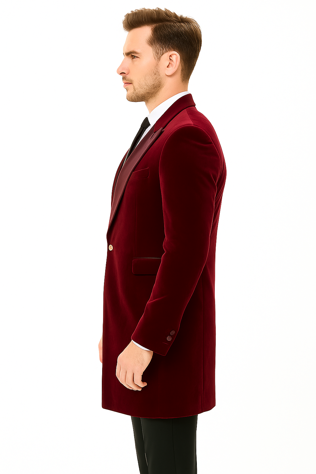 Men’s Burgundy Tuxedo in Velvet Long Blazer – Victorian Cutaway Tuxedo Suit 1920s Gangster Style Long Jacket with Black Pants
