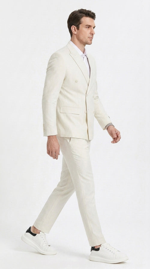 Men’s Ivory Cream Double-Breasted Linen Suit – Off-White Summer Wedding Slim Fitted 2-Piece Suit Cream Color