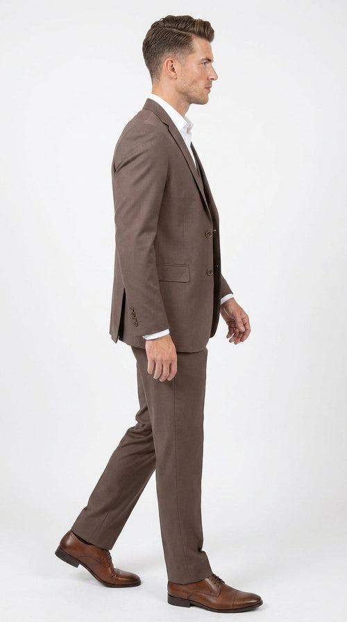 Men’s Zagarie Brand Light Brown Mocha 3-Piece Wool Suit – Modern Wedding, Business and Formal Suit with Pick Stitching