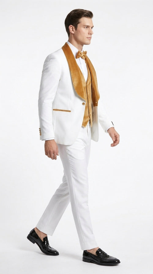 Men's White & Gold Tuxedo β Velvet Shawl Lapel 3 Piece Wedding & Prom Suit