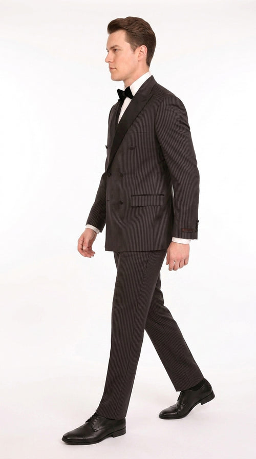 Men’s Black Shadow Pinstripe Double-Breasted Tuxedo Tone on Tone Formal Wedding Suit Modern Fit 1920s Style