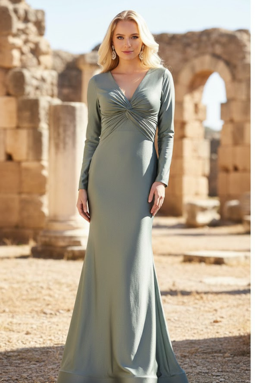 Long Sleeve Stretchy V-neckline Bodycon Evening Gown