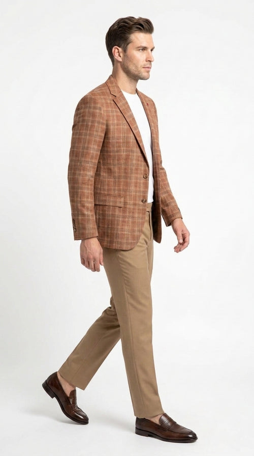 Vitali Men’s Rust Copper Brown Plaid Blazer with Tan Pants – Classic Windowpane, Business and Smart-Casual Birck color Suit