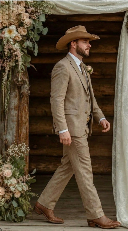 Mens Sharkskin Dark Taupe Tan with sheen Western 3 Piece Suit β Classic Country Style Blazer Vest Pants Set, Formal Cowboy Suit Outfit