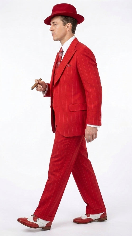 1920s Christmas Holiday Gangster Men’s Red Pinstripe 3-Piece Suit – Peak Lapel Classic Fit Pleated Pants