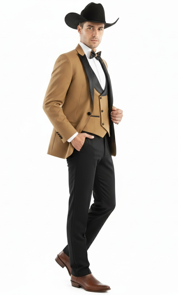 Men’s Western Cowboy Tuxedo – Tan and Black 3-Piece Suit with Satin Lapel and Vest in Mocca Coffee Color