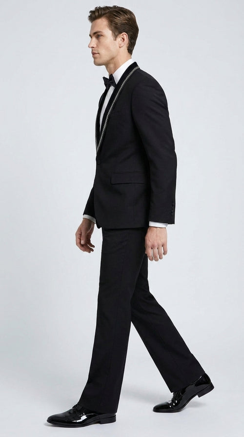 Men’s 1970s Style Black Boot Cut Tuxedo Suit – Shawl Lapel Wedding, Prom and Formal 2-Piece Suit