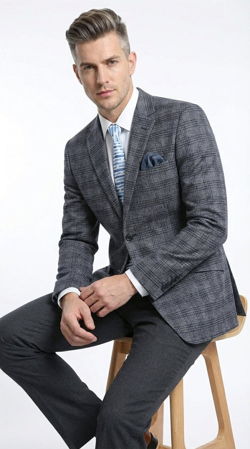 Mens Charcoal Gray with Blue Plaid Pattern Blazer Jacket β Classic Check Pattern Sport Coat for Business, Office, and Smart Casual Wear