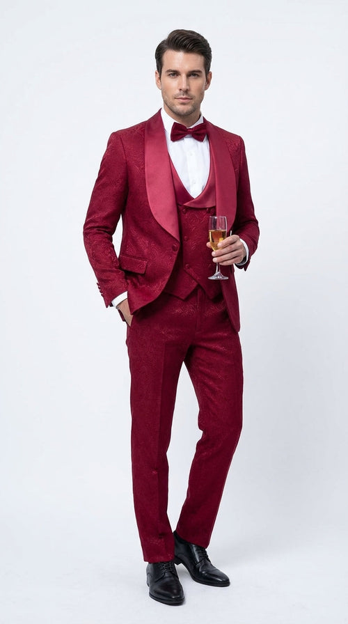 Mens Burgundy Wedding Tuxedo Suit β Paisley Three Piece Formal Suit Set with Shawl Lapel for Groom, Prom